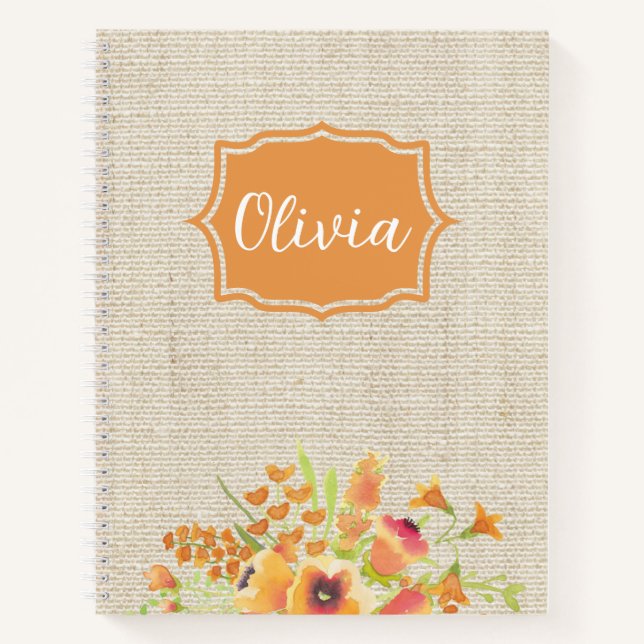 Personalisierte Orangenfarben-Blume auf Burlap Notizbuch (Vorderseite)