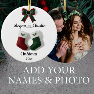Personalisierte Paar-Foto-Rot- und Grün-Socken Keramik Ornament