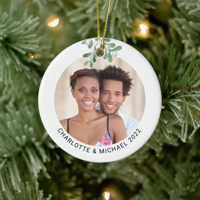 Personalisierte Paare Foto Mistletoe Keramik Ornament (Baum)