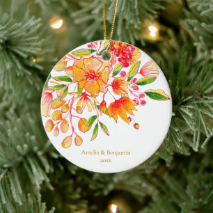 Personalisierte Paarnamen Florale Orange Weihnacht Keramik Ornament