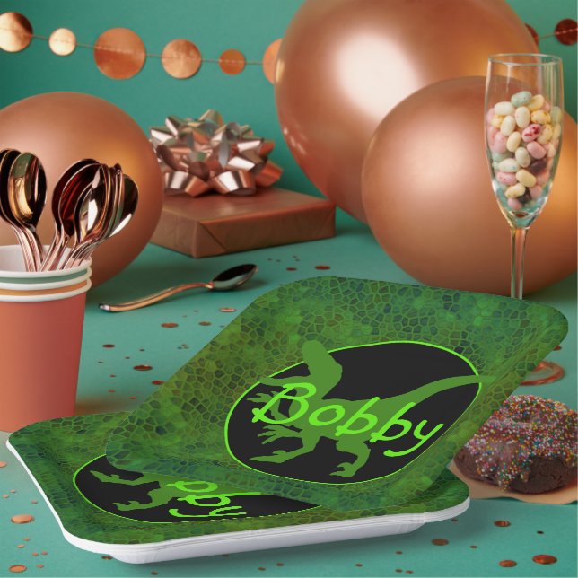 Personalisierte Papiertafel für grüne Dinosaurier Pappteller (Multi)