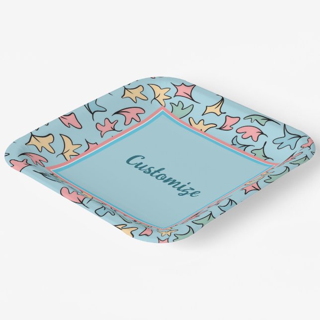 Personalisierte Pastel-Blätter Blau Pappteller (Gewinkelt)