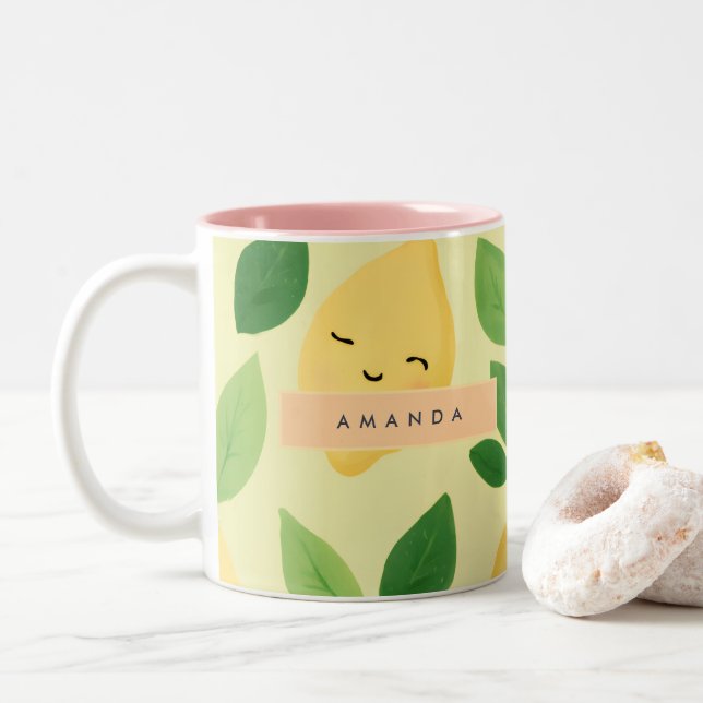 Personalisierte Pastel Niedlich Lemon Muster Zweifarbige Tasse (Mit Donut)