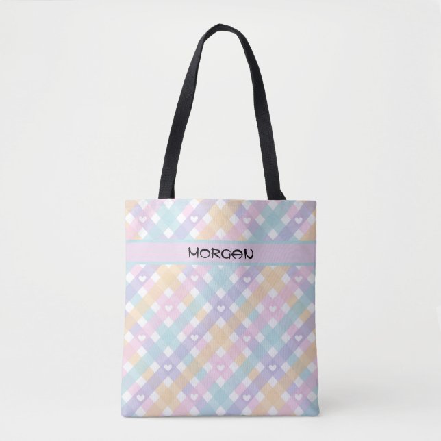Personalisierte Pastel Rainbow Gingham Pattern Tas Tasche (Vorderseite)