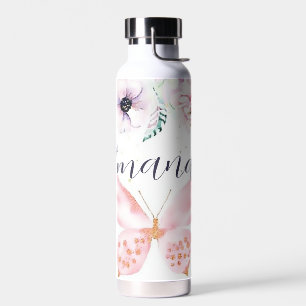 Personalisierte Pastell-Blumen und Schmetterlinge Trinkflasche