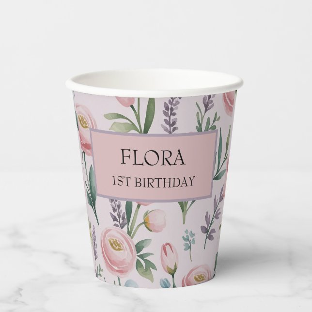 Personalisierte Pastell-Rose und Tulpen Pappbecher (Vorderseite)