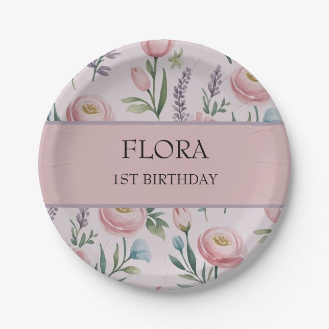 Personalisierte Pastell-Rose und Tulpen Pappteller (Vorderseite)