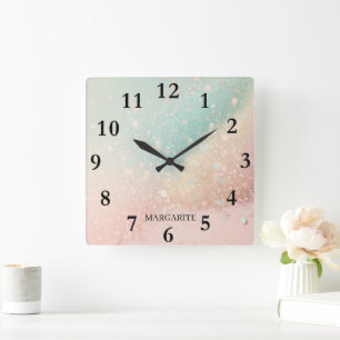 Personalisierte Pastellfarben Quadratische Wanduhr