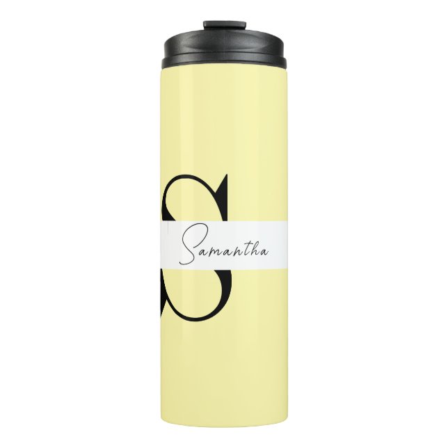 Personalisierte Pastellgelbe Monogramm Thermosbecher (Vorderseite)