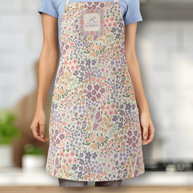 Personalisierte Patchwork-Blumen- & Karo-Schürze Schürze (Floral Cottagecore Apron – Colorful Vintage-Inspired Kitchen Gift)