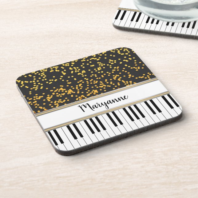 Personalisierte Piano Keys Gold Polka Dots Muster Getränkeuntersetzer (Linke Seite)