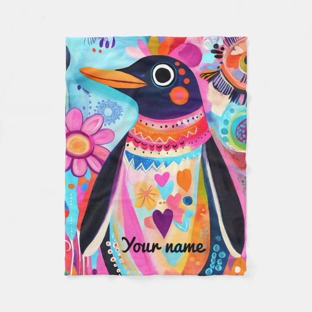 Personalisierte Pinguin-Decke: Farbige Arktis  Fleecedecke (Vorderseite)