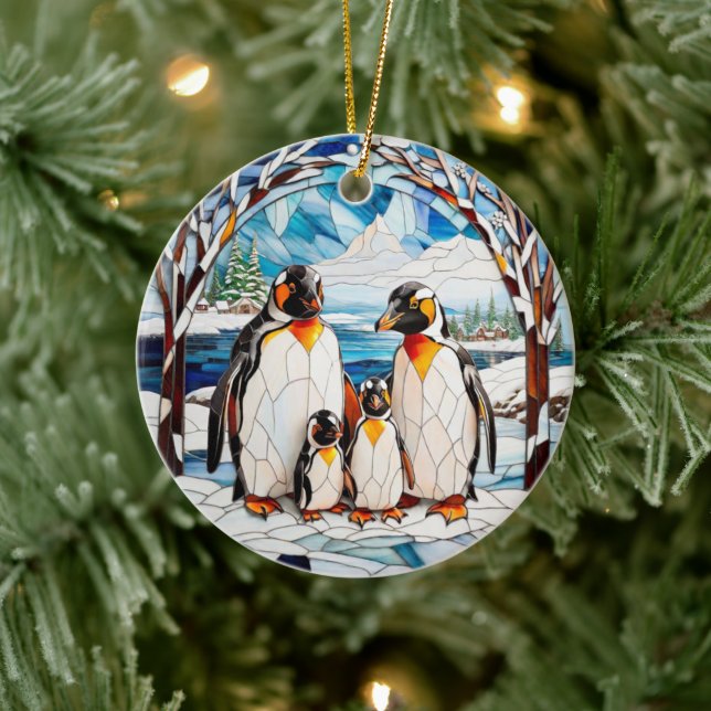 Personalisierte Pinguinfamilie Keramik Ornament (Baum)