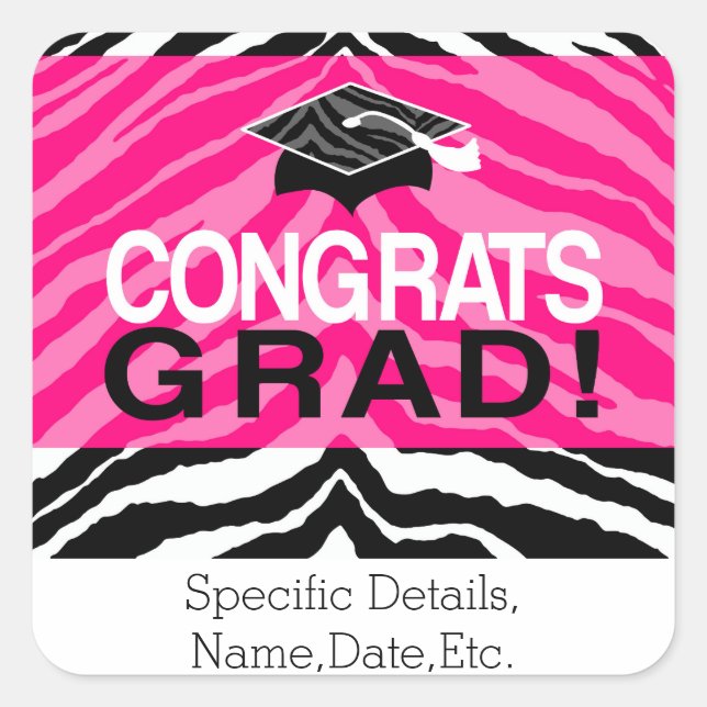 Personalisierte Pink Black Zebra Graduierungsparty Quadratischer Aufkleber (Vorderseite)