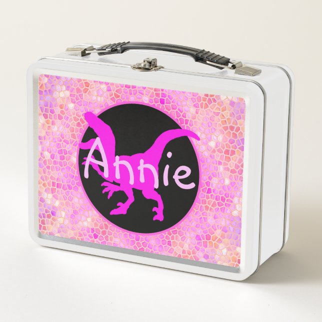 Personalisierte PInk Dinosaurier-Ausblenden Metall Brotdose (Vorderseite)