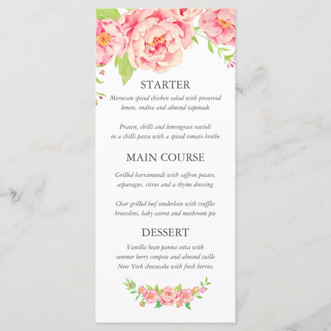 Personalisierte Pink Peony Wedding Menükarte (Vorderseite)