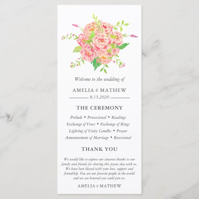 Personalisierte Pink Peony Wedding Programm (Vorderseite)