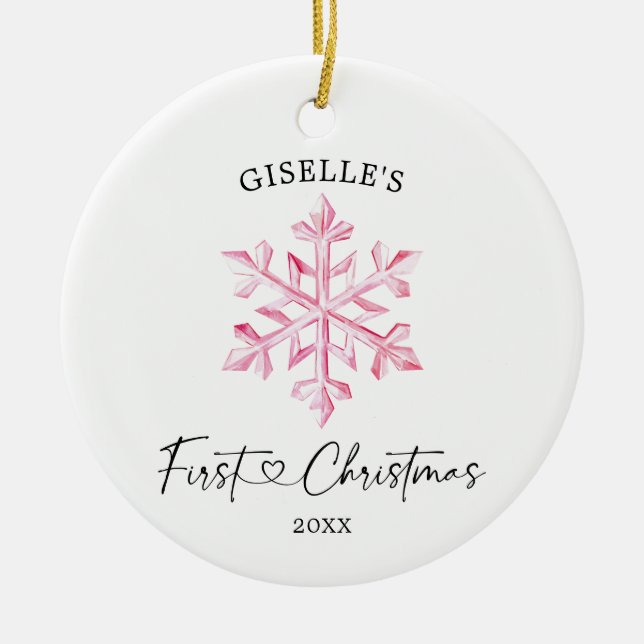 Personalisierte Pink Snowflake Girl's First Christ Keramik Ornament (Vorne)