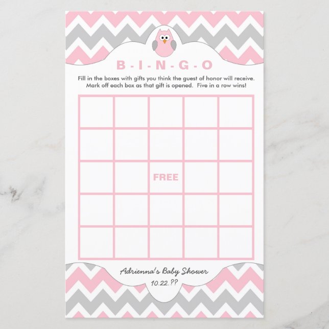 Personalisierte Pink Uwe Baby Duschspiele Bingo (Vorderseite)