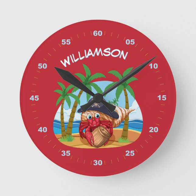 Personalisierte Pirate Hermit Crab Beach lustige K Runde Wanduhr (Vorderseite)