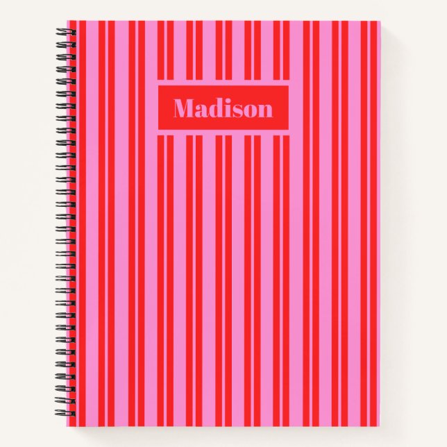 Personalisierte Preppy Hot Pink und Red Strips Notizbuch (Vorderseite)