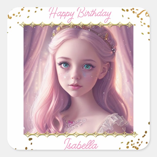 Personalisierte Prinzessin Little Girl's Geburtsta Quadratischer Aufkleber (Vorderseite)
