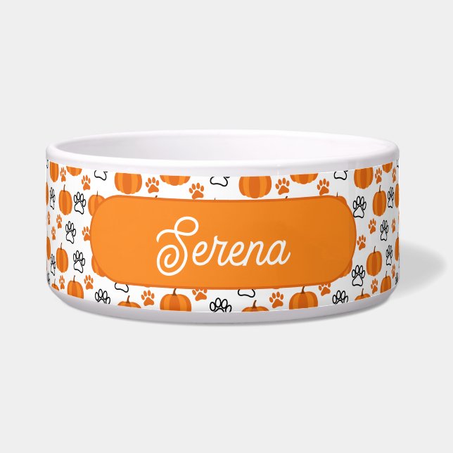 Personalisierte Pumpkins und Paws Orange und Weiß Napf (Vorderseite)