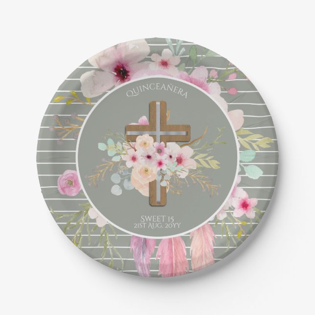 Personalisierte QUINCEANERA-Geschenke - Blumenkreu Pappteller (Vorderseite)