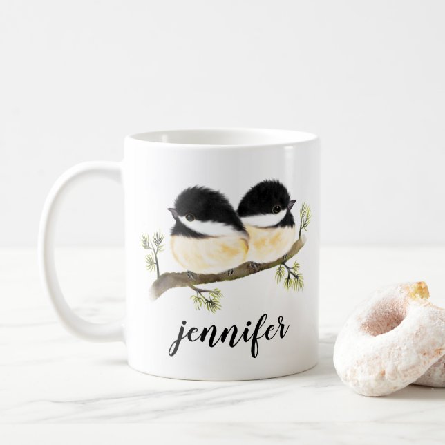 Personalisierte Quirky Baby Chickadee Bird-Tasse Kaffeetasse (Mit Donut)