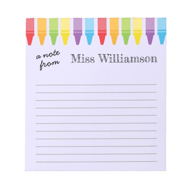 Personalisierte Rainbow Crayons Lehrerbewertung Notizblock (Vorderseite)