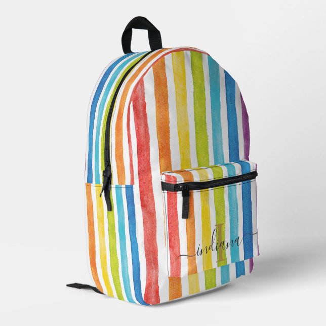 Personalisierte Rainbow-Monogramm-Streifen Bedruckter Rucksack (Rückseitige Ecke links)
