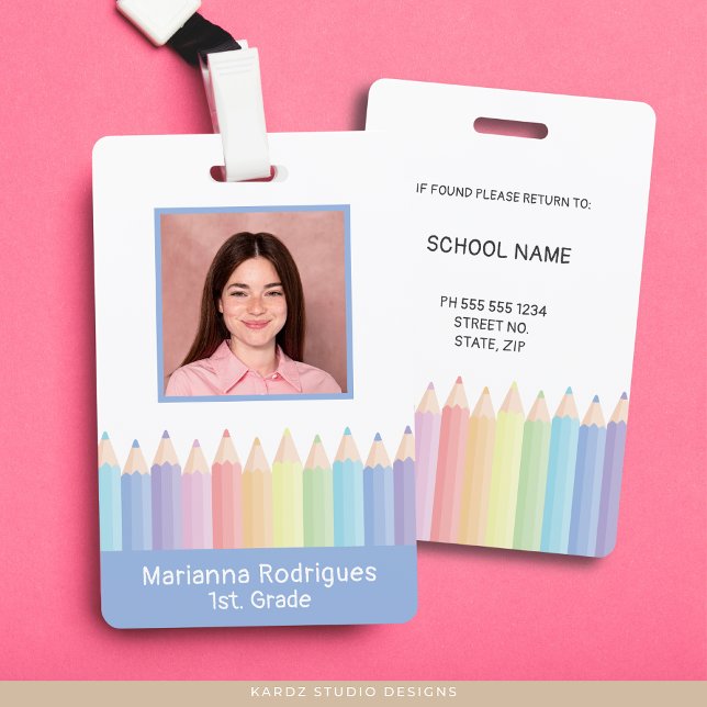 Personalisierte Rainbow Pencies Lehrer-ID-Abzeiche Ausweis (Front and back of employee badge shown. Customize with your photo and school information.)