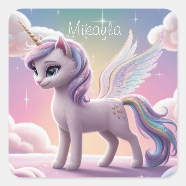 Personalisierte Rainbow Unicorn Katze Quadratischer Aufkleber (Vorderseite)