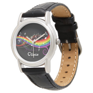 Personalisierte Rainbow White Musiknote auf Schwar Armbanduhr