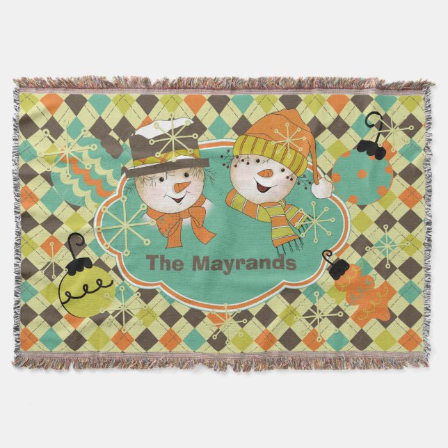 Personalisierte Raute Snowmen Holiday Throw Decke (Vorderseite)