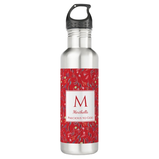 Personalisierte RED Floral Monogramm Edelstahlflasche (Vorderseite)