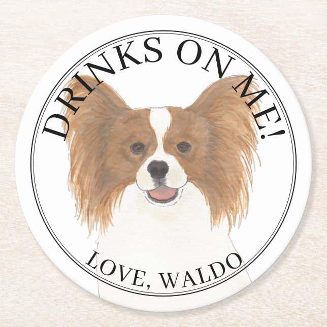Personalisierte Red & White Papillon Dog Wedding Runder Pappuntersetzer (Vorderseite)