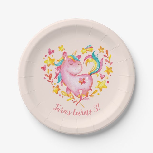 Personalisierte Regenbogen-Einhorn-Party-Teller Pappteller (Vorderseite)