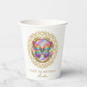 Personalisierte Regenbogen-Glitter-Schmetterling-S Pappbecher