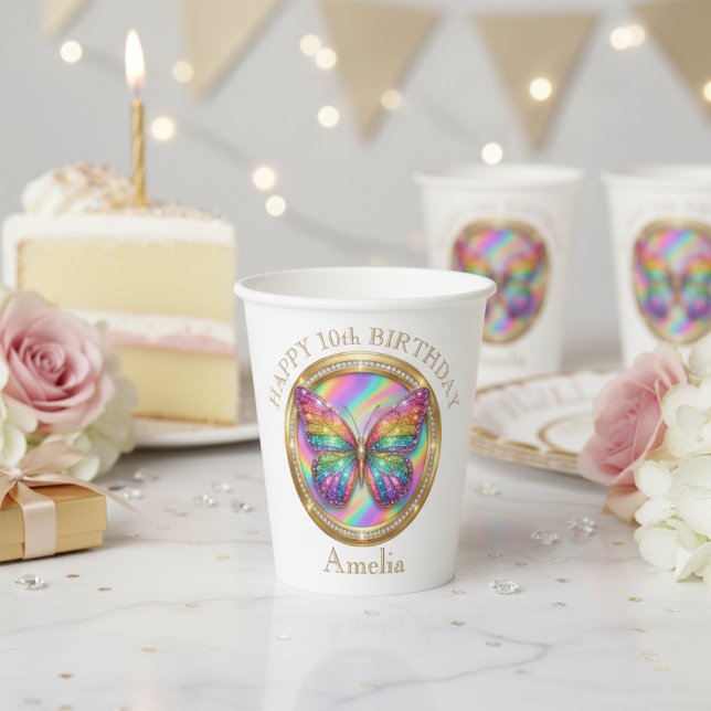 Personalisierte Regenbogen-Glitter-Schmetterlings- Pappbecher (Personalized Rainbow Glitter Butterfly Party Cups)