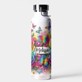 Personalisierte Regenbogen-Rose und Schmetterlinge Trinkflasche