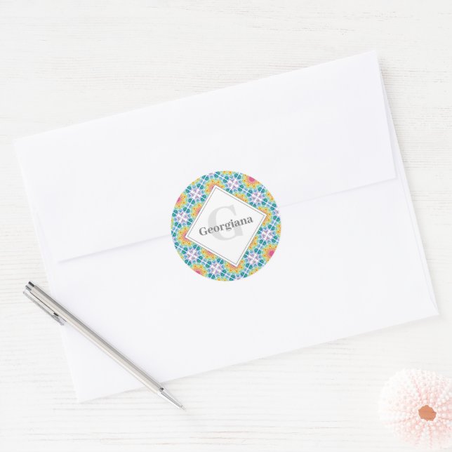 Personalisierte Regenbogenblume Mandala Diamantsta Runder Aufkleber (Umschlag)