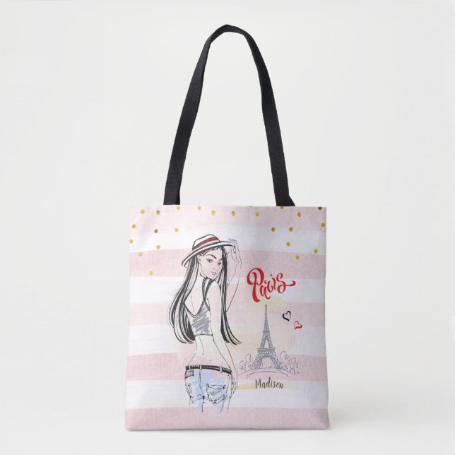 Personalisierte Reise Paris Rosa Streifen Sketch Tasche (Vorderseite)