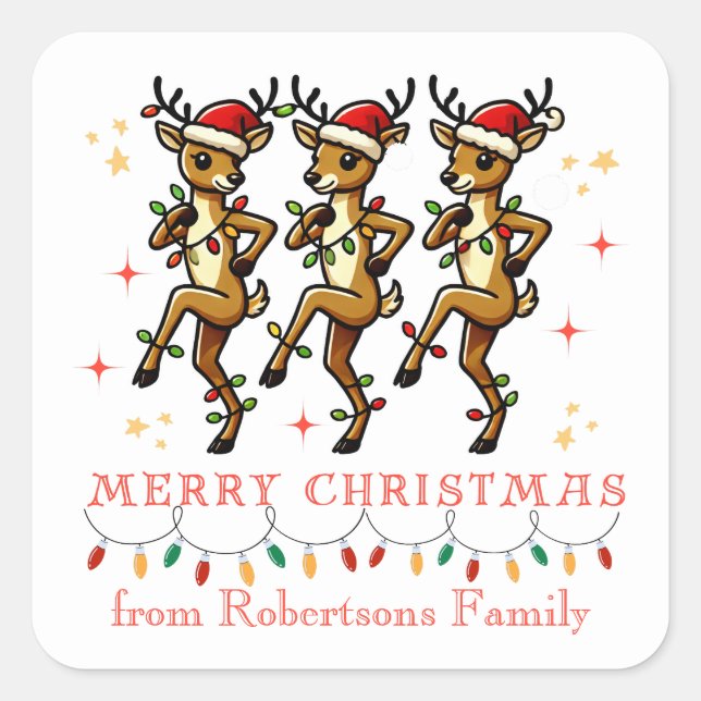 Personalisierte Rentierleine tanzt Weihnachtslicht Quadratischer Aufkleber (Vorderseite)