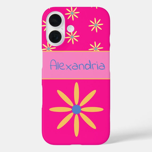 Personalisierte Retro-Blume in heißrosa Farbe iPhone 16 Hülle (Rückseite)