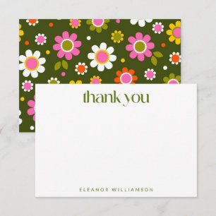 Personalisierte Retro-Blumen-Playful Pink Grün Fet Dankeskarte