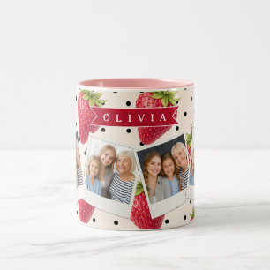 Personalisierte Retro Erdbeere Punkte Vintage Zweifarbige Tasse