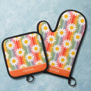 Personalisierte Retro-Margerite Ofenhandschuh & Topflappen-Set