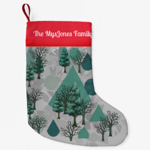 Personalisierte Retro-Minimalistische Bäume und Fo Kleiner Weihnachtsstrumpf