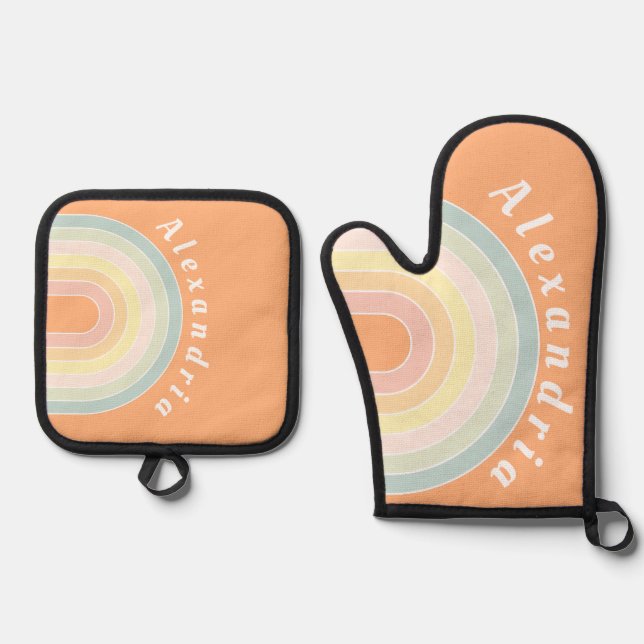 Personalisierte Retro-Regenbogenpastel Ofenhandschuh & Topflappen-Set (Vorderseite)